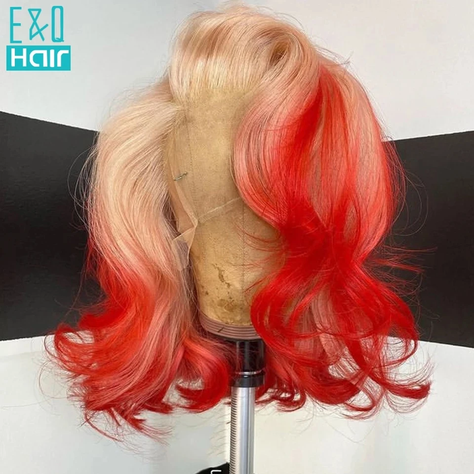 Perruque Lace Front Wig Deep Wave brésilienne naturelle, cheveux humains, couleur rose ombré, rouge vif, Transparent HD, pour femmes