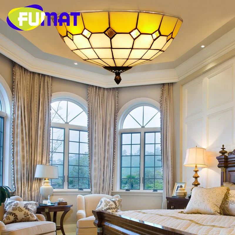 FUMAT Tiffany style stained glass Mediterranean ceiling lamp for dining room bedroom study balcony ceiling round light LED decor