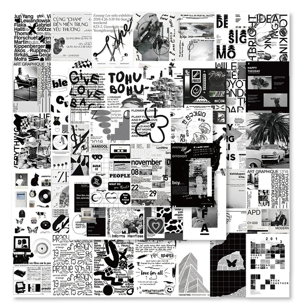 

60pcs Cool Black White Art Graffiti Stickers Ins Style Poster Decals DIY Phone Skateboard Fridge Notebook Car Decoration