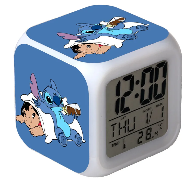 Cute Lilo&stitch Disney Cartoon Alarm Clock Discoloration Luminescence LED Digital Light Cartoon Figure Toys Kids Birthday Gifts