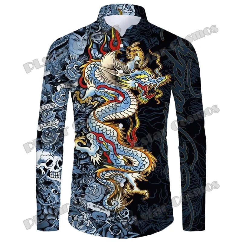 

PLstar Cosmos Dragon Tattoo Pattern 3D Printed Fashion Men's Long Sleeve Button Down Shirts Spring Mens Casual Lapel Shirt CXS12