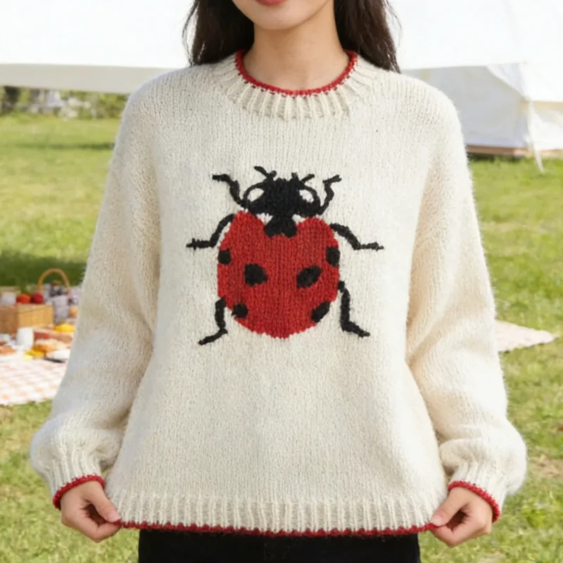 

Winter High Street Kawaii Ladybug Jacquard Long Sleeved Sweater Fresh Stylish Vintage Personality Hip Hop Street Casual Pullover