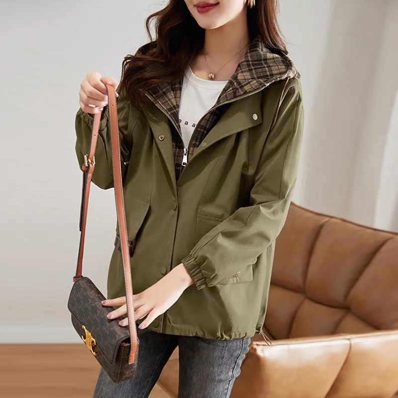 Women's Windbreaker Jackets Plaid Fake Two-piece Splicing 2025 Spring Autumn New Loose Casual Hooded Tooling Jacket Trend Coats