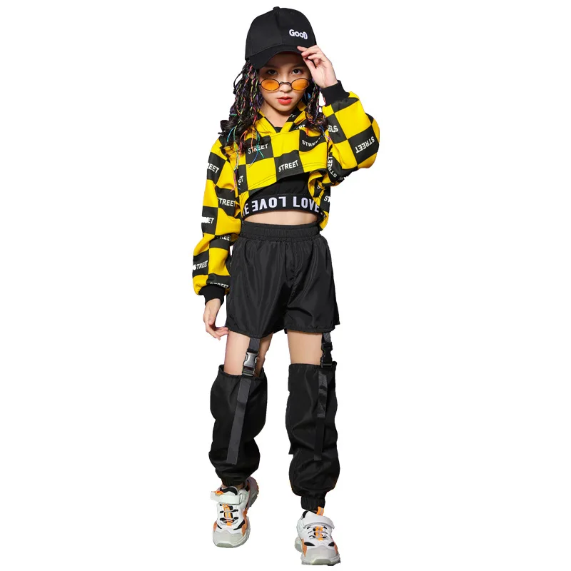 Dance Costume Clothes Wear Dance Outfit Hiphop Kids Hip Hop Clothing Yellow Black Hoodie Top Hollow Pants For Girl Jazz Ballroom