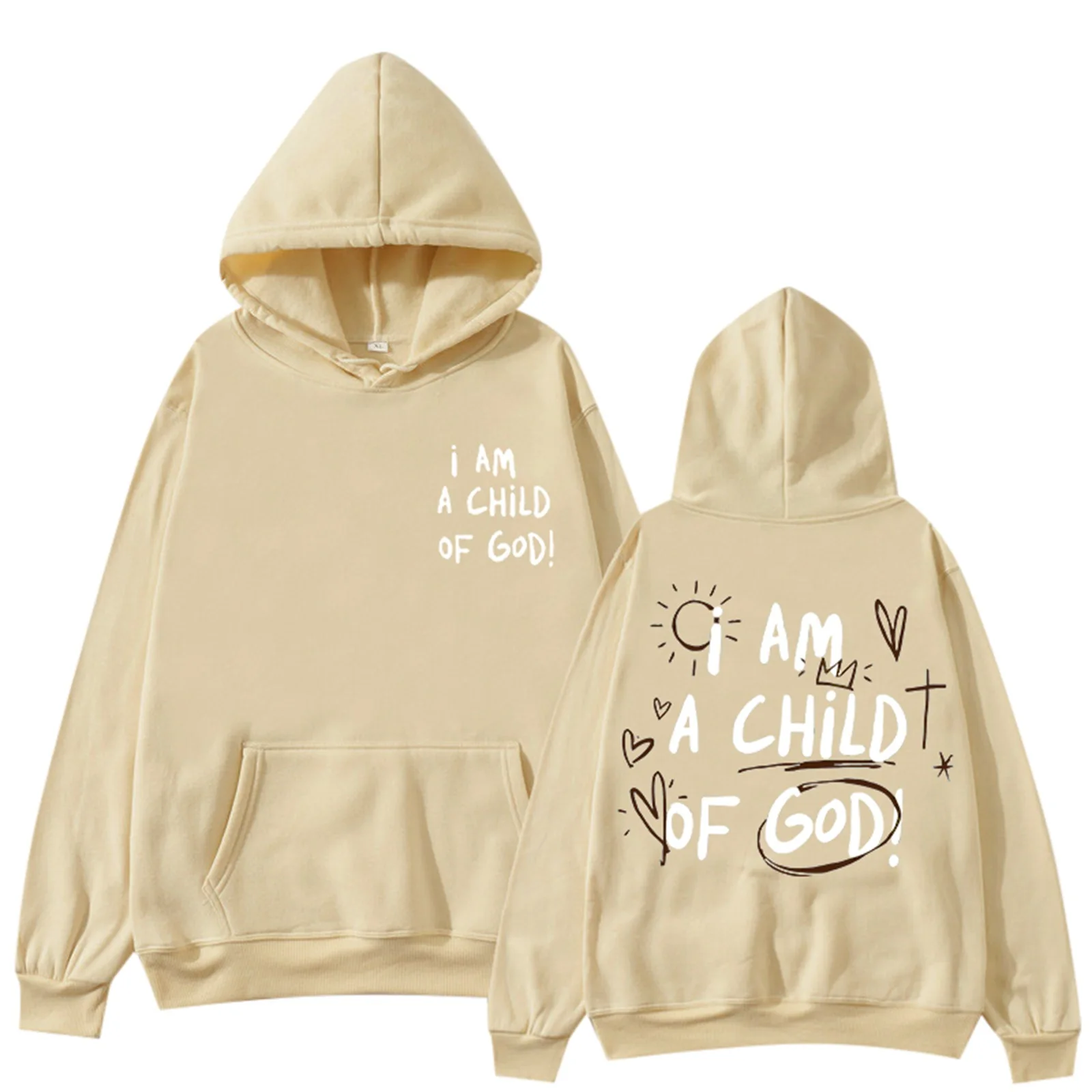 Modna bluza oversize z kapturem dla kobiet i mężczyzn z napisem I AM A CHILD OF GOD i grafiką krzyża i serca, codzienna, miękka, polarowa, wkładana przez głowę, z długim rękawem, luźna.