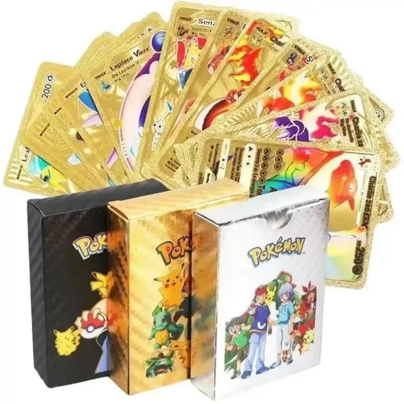 55pcs Pokemon Cards Gold Silver Black Pikachu Tabletop Deck Box English German Spanish French Battle Cards Kids Toys Party Games