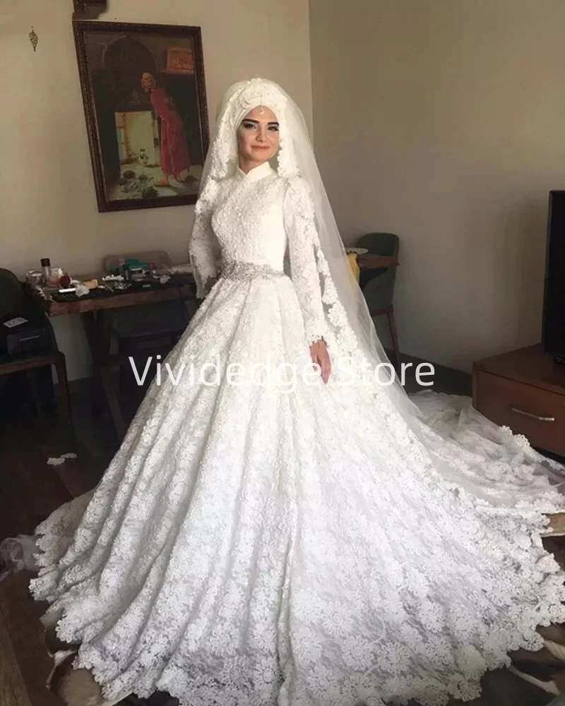 Vestido de fiesta personalizado, vestidos de novia de encaje de manga larga, vestidos de novia musulmanes de cristal 2025, vestidos de novia de talla grande