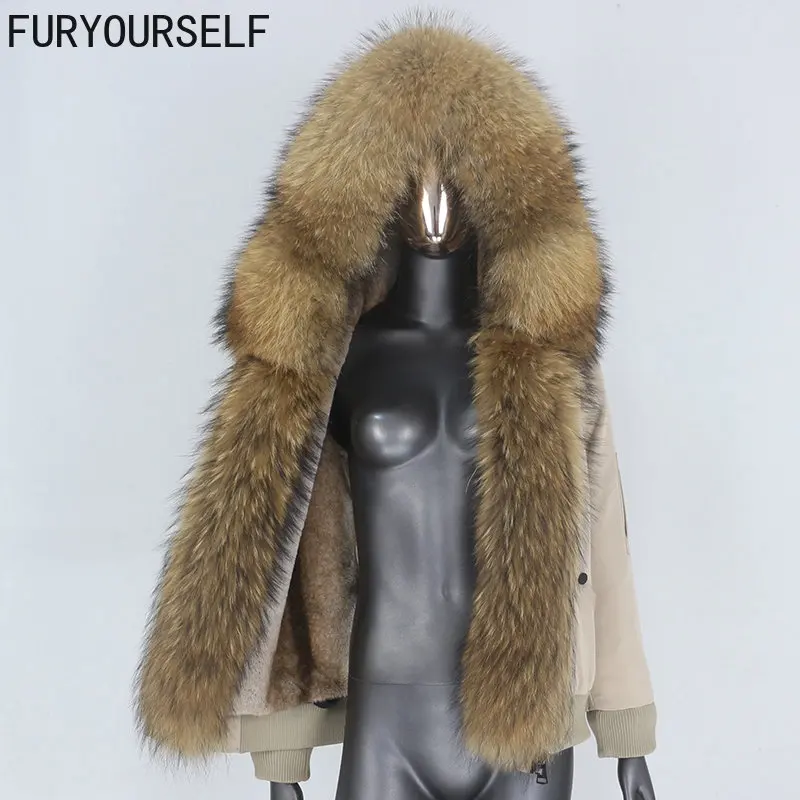 

FURYOURSELF 2023 Waterproof Bomber Parka Coat Natural Fox Raccoon Fur Collar Hood Winter Jacket Women Removable Outerwear Thick