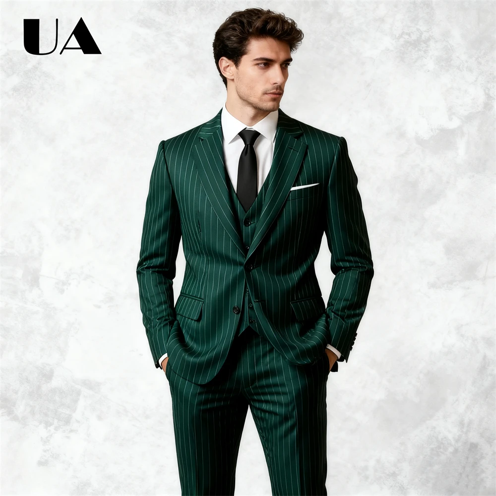 

Three Piece Stripe Suit Attire for Men, (Jacket Vest Pants) Formal Business Suit Set, Trendy Evening Prom Dresswear Plus Size