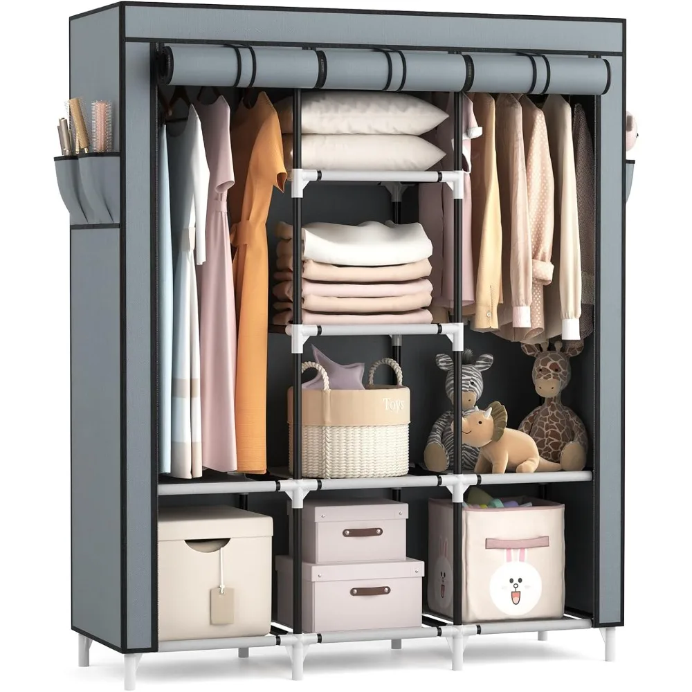 

Portable Closet Wardrobe for Hanging Clothes with 2 Hanging Rods and 8 Storage Organizer Shelves,Sturdy Large Wardrobe