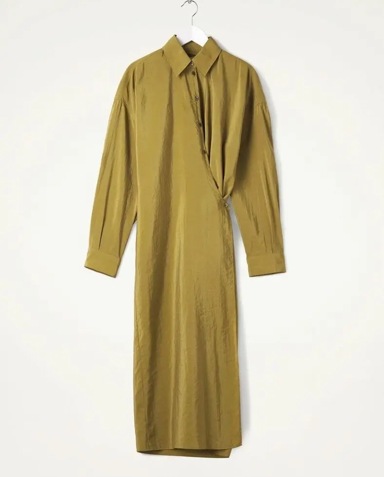 버드트리 여성용 74.9% 리얼 드라이 실크 드레스, 턴다운 칼라 폴드, 우아한 패션 원피스, 2024 용수철 루즈 D41581QM, 17.9mm