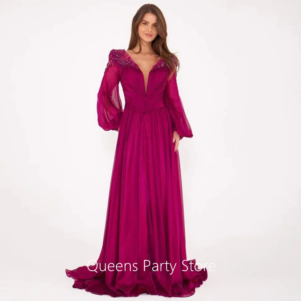 

Customized Woman Evening Dress for Formal Occasion Puff Sleeves V Neck Illusion Back Buttons Beading Sequined A Line Prom Gown
