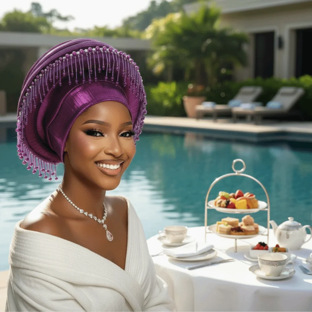 

Ceremony Headpiece Structured Auto Gele Layered Pre-tied African Turban Tasseled Elastic Fringe Headwrap Prom Queen