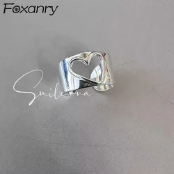 Foxanry Hollow Love Heart Wide Rings For Women Couples Korean Fashion Creative Simple Classic Elegant Daily Party Jewelry Gifts