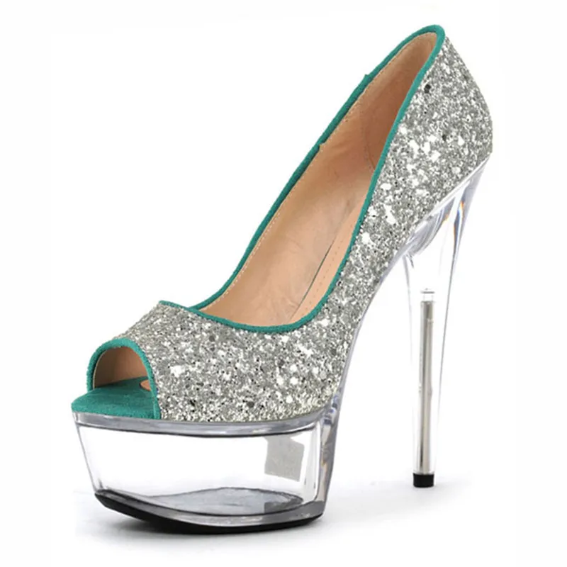 

Fashion Transparent Pumps 2025 Peep Toe 15cm Summer Sexy High Heels Platform Rhinestone Woman Pumps Silver/Gold Wedding Shoes