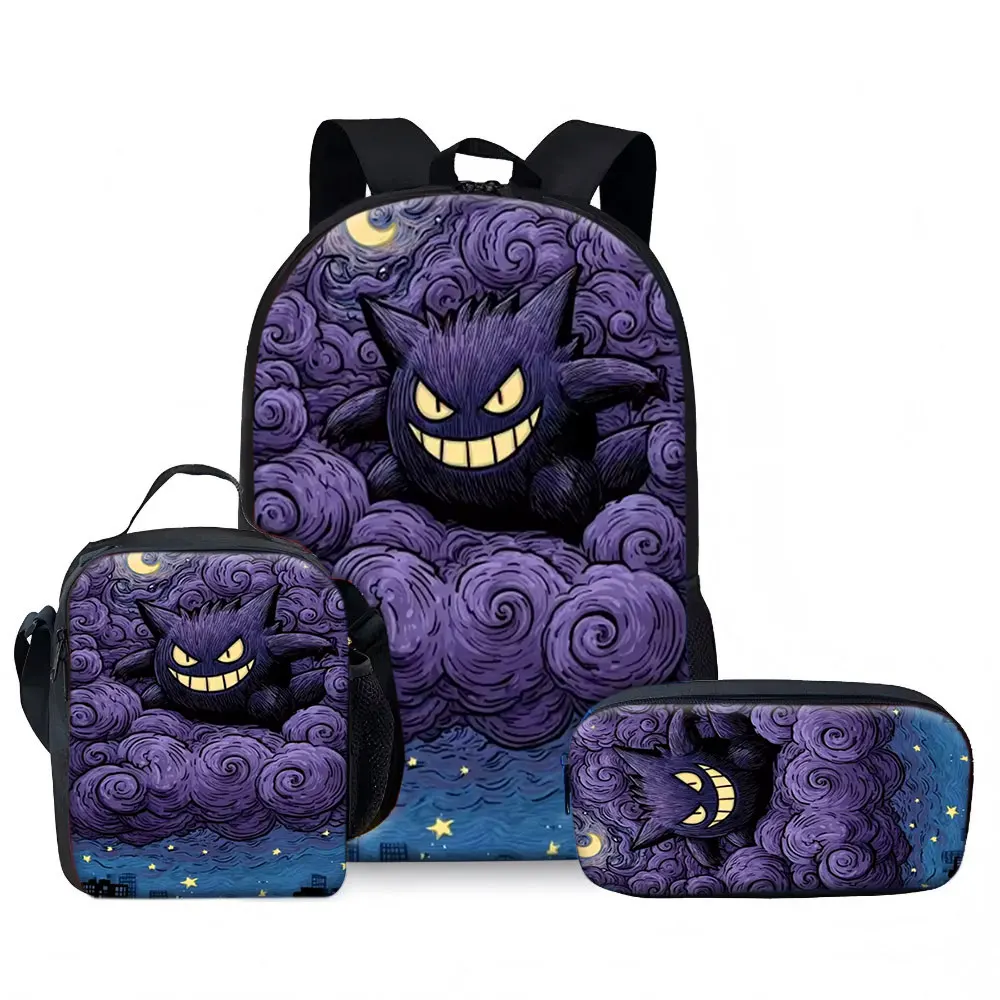 Kids Bag,Pokémon,Gengar 3pcs Backpack Set Van Gogh Starry Sky Purple Cloud Print Waterproof Schoolbag with Lunch Box Pencil C