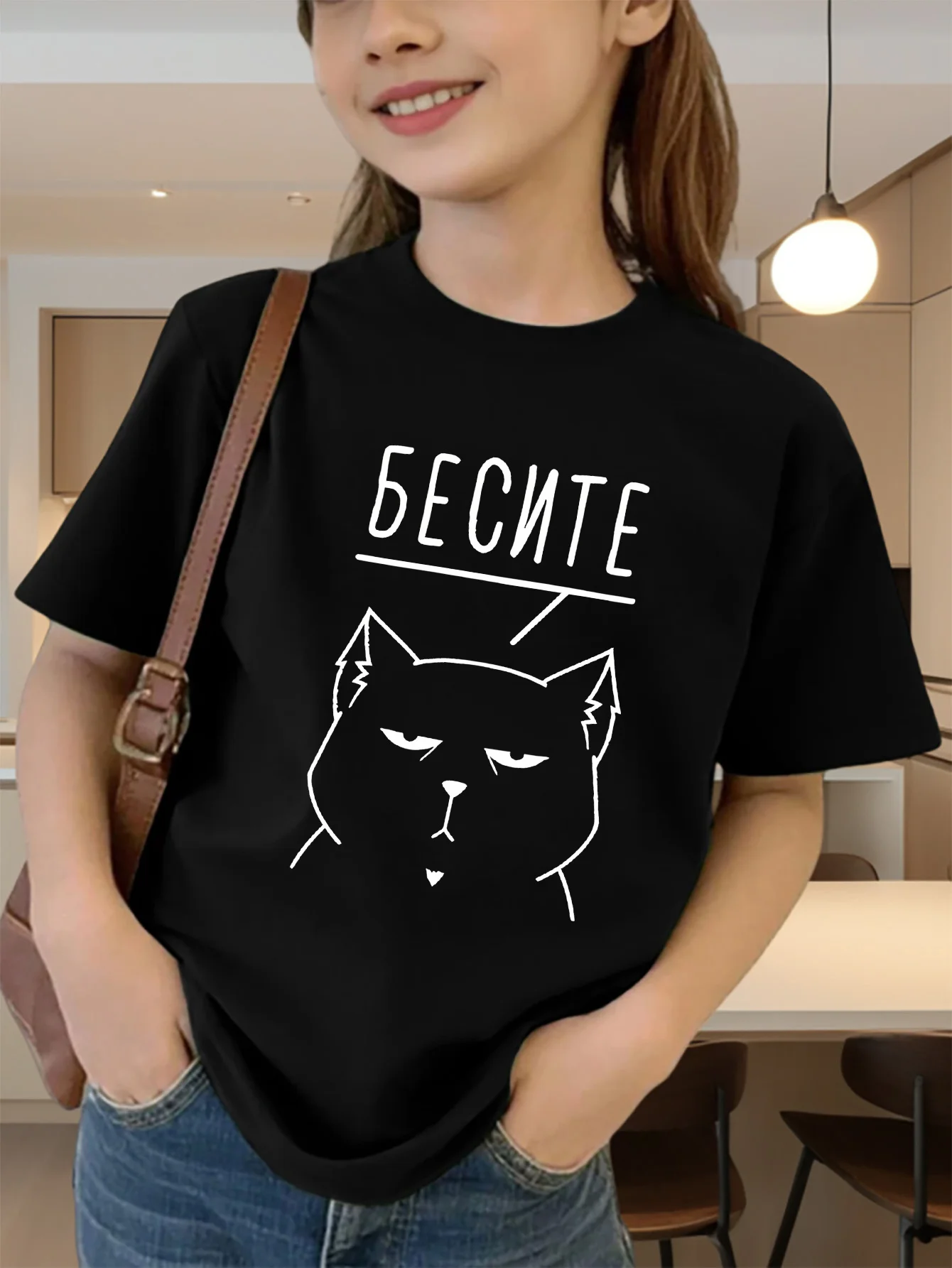Cute Grumpy Line Cat Foreign Letter Graphic Kids Tee Boys Girls Family Matching Cotton Crew Neck Short Sleeve Soft Summer Tee