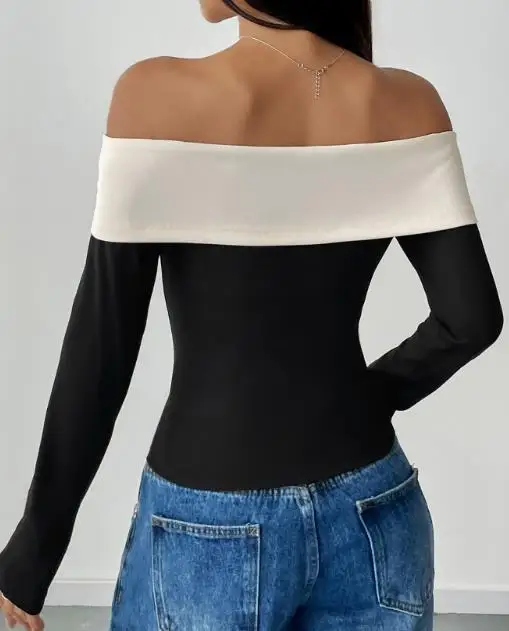 2025年新作 レディースファッション ショート丈トップス 長袖 貿易 オフショルダー ワンカラー リボンTシャツ