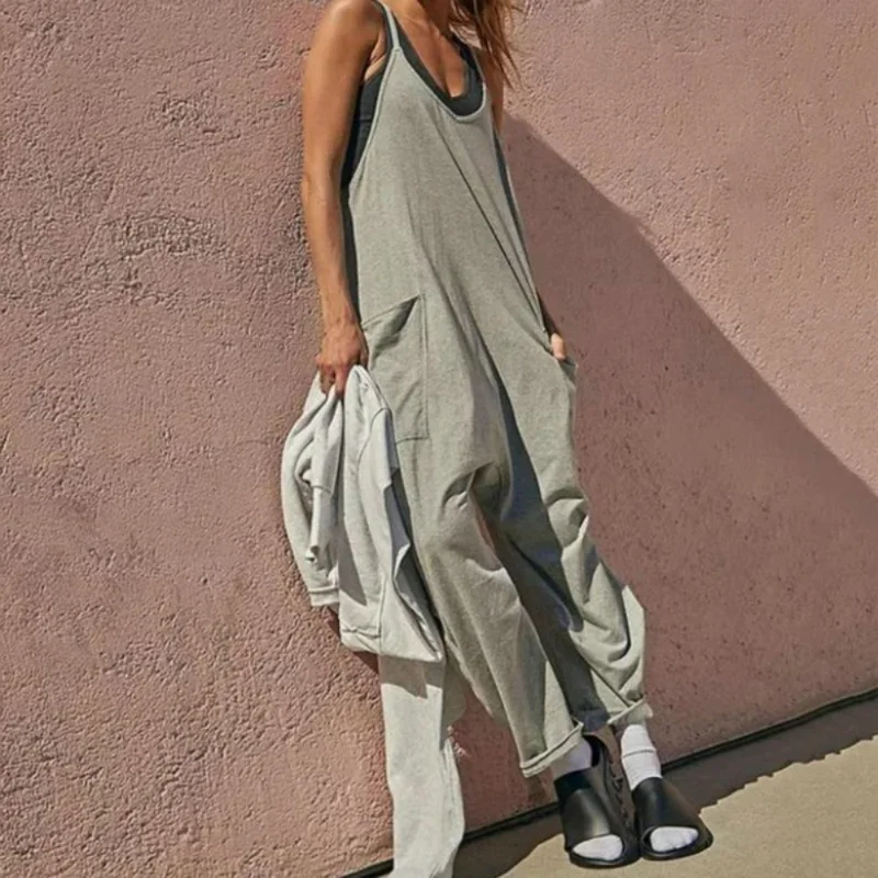 Women Casual Jumpsuit Summer Solid Loose Wide Leg Pants Bib Overalls Fashion Pocket Sleeveless Strap Baggy Streetwear Rompers