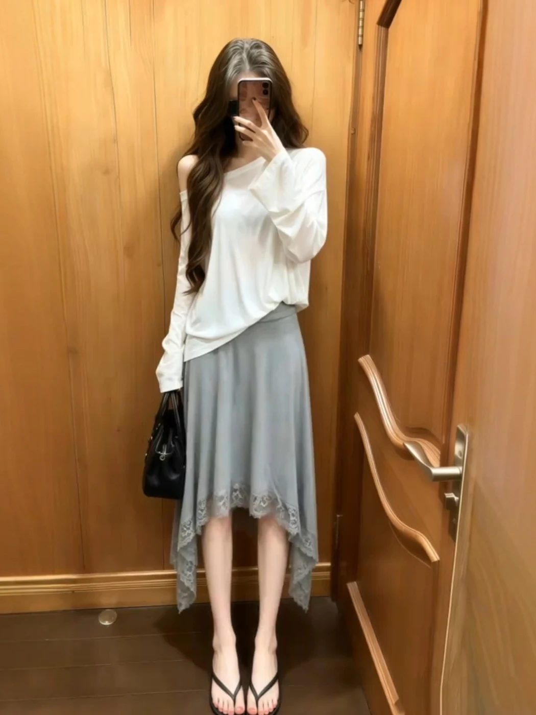 

Summer Chic Sun Protection Lace Half Skirt Two-Piece Set White Slant Shoulder Long Sleeve T-Shirt Asymmetrical A-Line Skirt