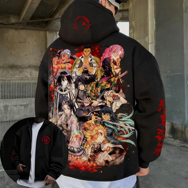 Demon Slayer Anime Painted Pattern Zipper Hoodie Men's and Women's Autumn/Winter New Harajuku Plus Size Casual Loose Y2K Top