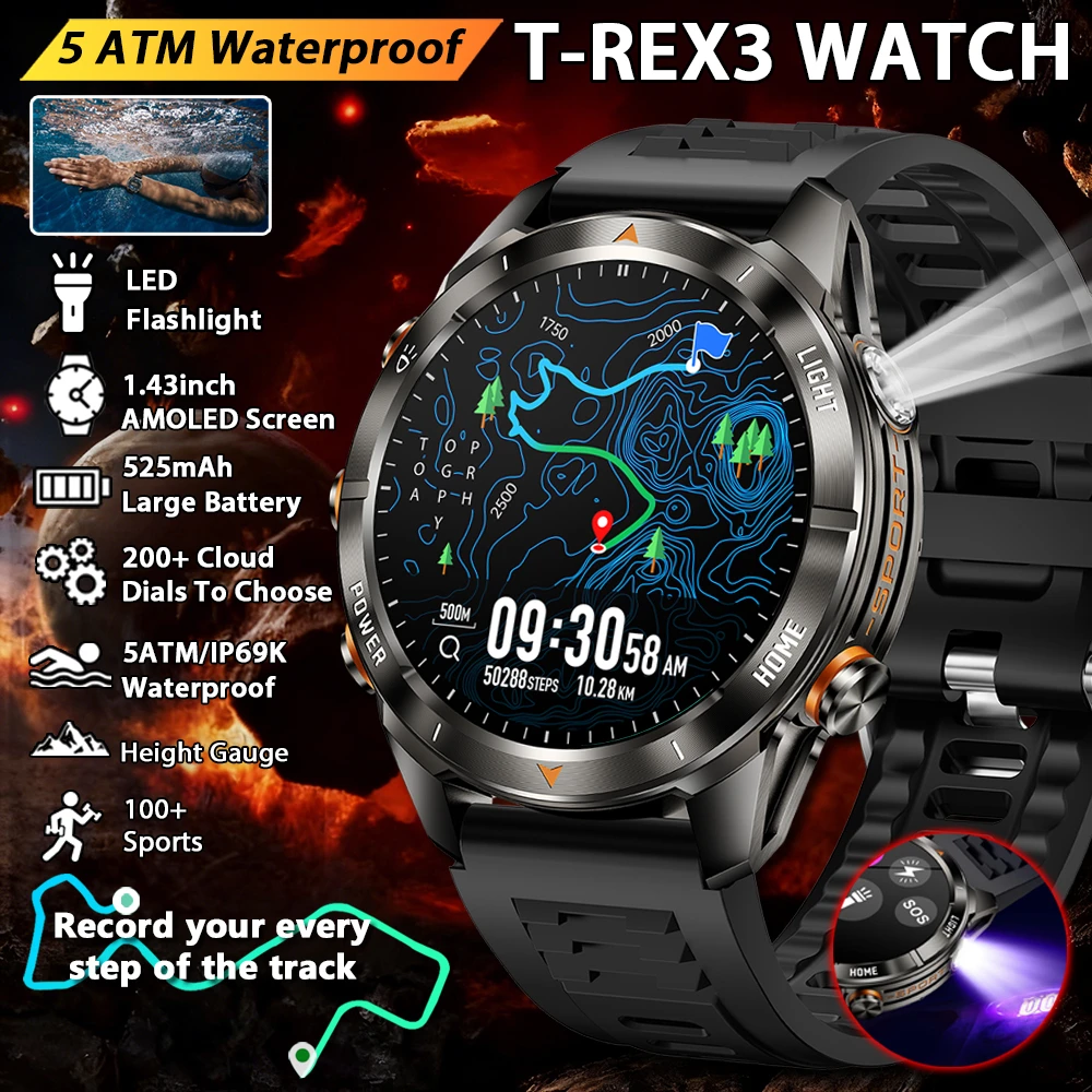 

Новые спортивные умные часы для мужчин, 1,46 дюйма, AMOLED-экран, светодиодный фонарик, аккумулятор 515 мАч, 10 АТМ, водонепроницаемые умные часы с Bluetooth-вызовом