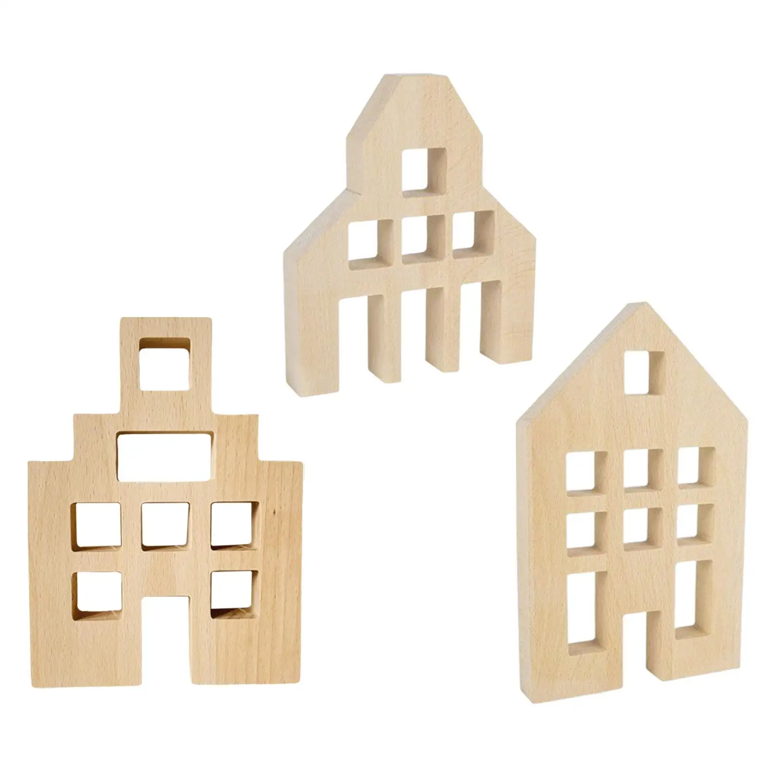 

3 Pieces Wood House Blocks Construction Play Set Sensory Toy Centerpiece for Kids Preschool Boys Girls Party Favors Ages 4 to 8