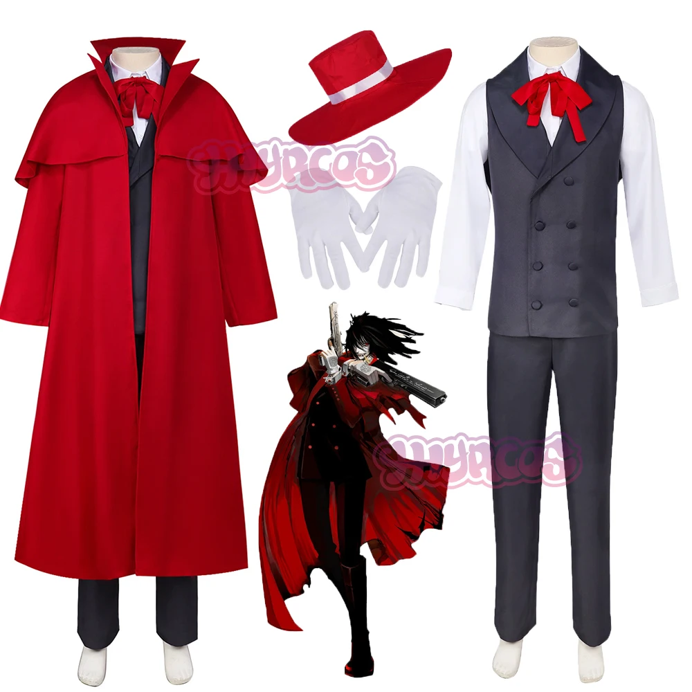 

Hellsing Alucard Cosplay Costumes Red Long Coat Hat Gloves Accessories Uniform Sets Men Women Clothes For Halloween Event