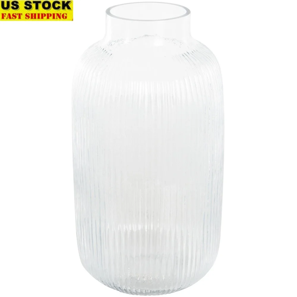

14 Inch Ribbed Glass Vase Modern Centerpiece Home Decor Floral Arrangements Clear Durable Elegant Decorative Piece Ideal Gift
