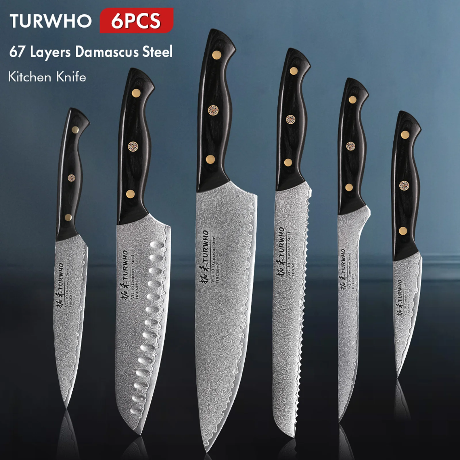 

TURWHO 6-PCS 67 Layer Damascus Steel Kitchen Knives Set Japanese VG10 Core Chef Knife Santoku Bread Boning Utility Paring Knife