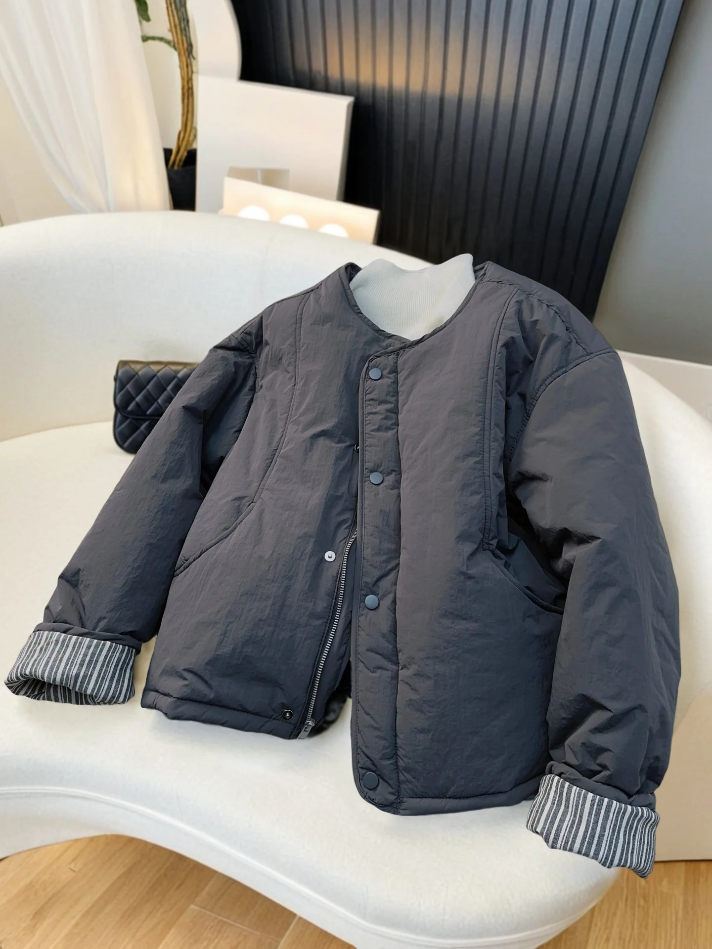 

Trendy Japanese Design Striped Splicing round Ne Cotton Jaet Women's Autumn Winter Loose Vintage Loose Slimming Cotton Coat