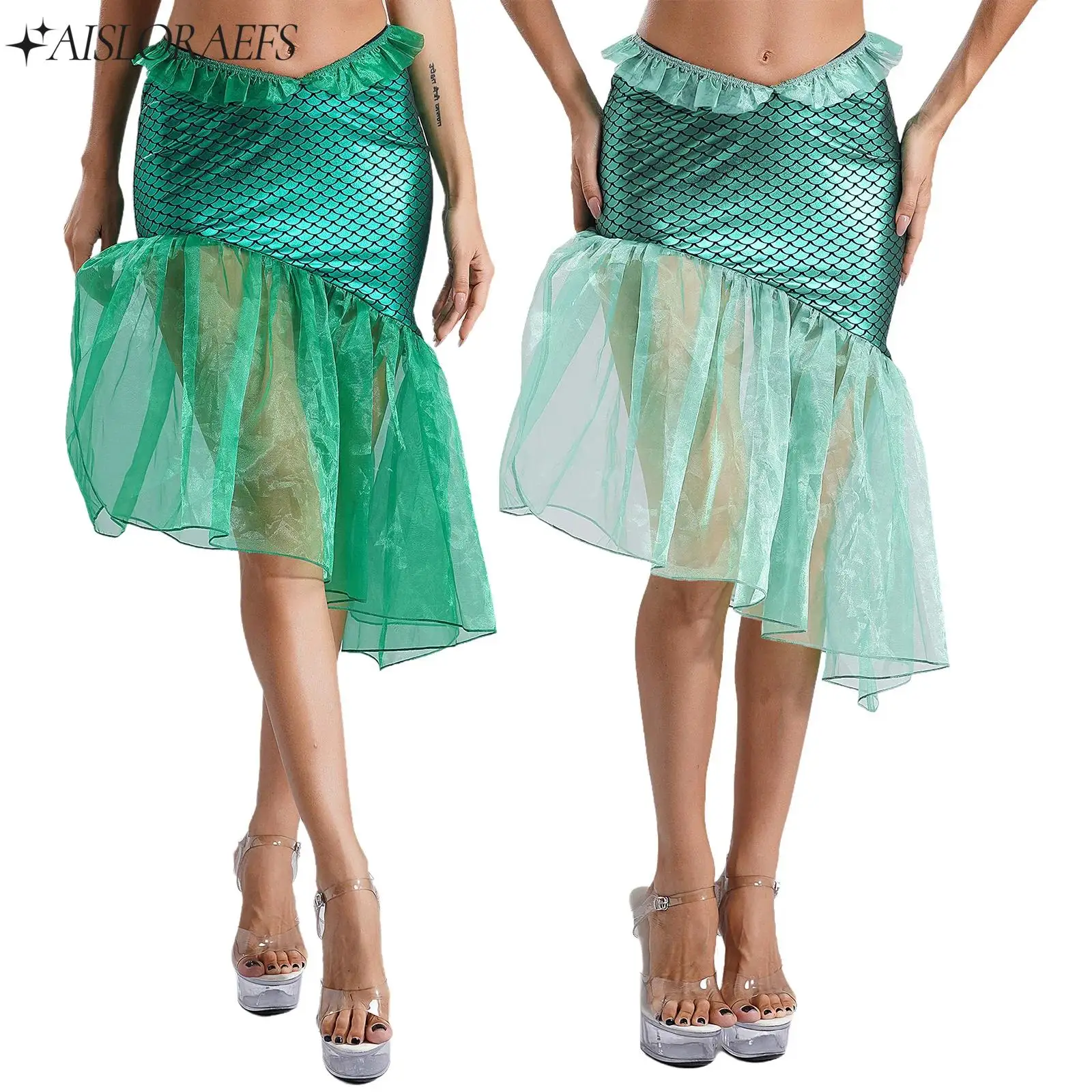 Women Halloween Mermaid Skirt for Cosplay Stage Performance Ruffled Trim Tulle Bottom Slant Hem Skirt Fish Scale Print Skirt