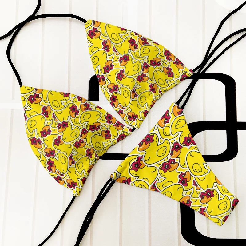 Funny little yellow duck print bikini suit women's swimwear new sexy swimwear lace-up bikini panties backless swimsuit Biquini