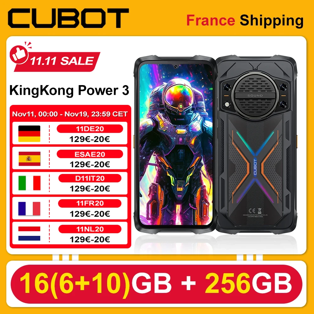 Cubot KingKong Power 3، بطارية 10200 مللي أمبير في الساعة 16(6+10) جيجابايت + 256 جيجابايت هاتف ذكي متين أندرويد، مكبر صوت 123 ديسيبل، شاشة Helio G99,120 هرتز 6.72 بوصة