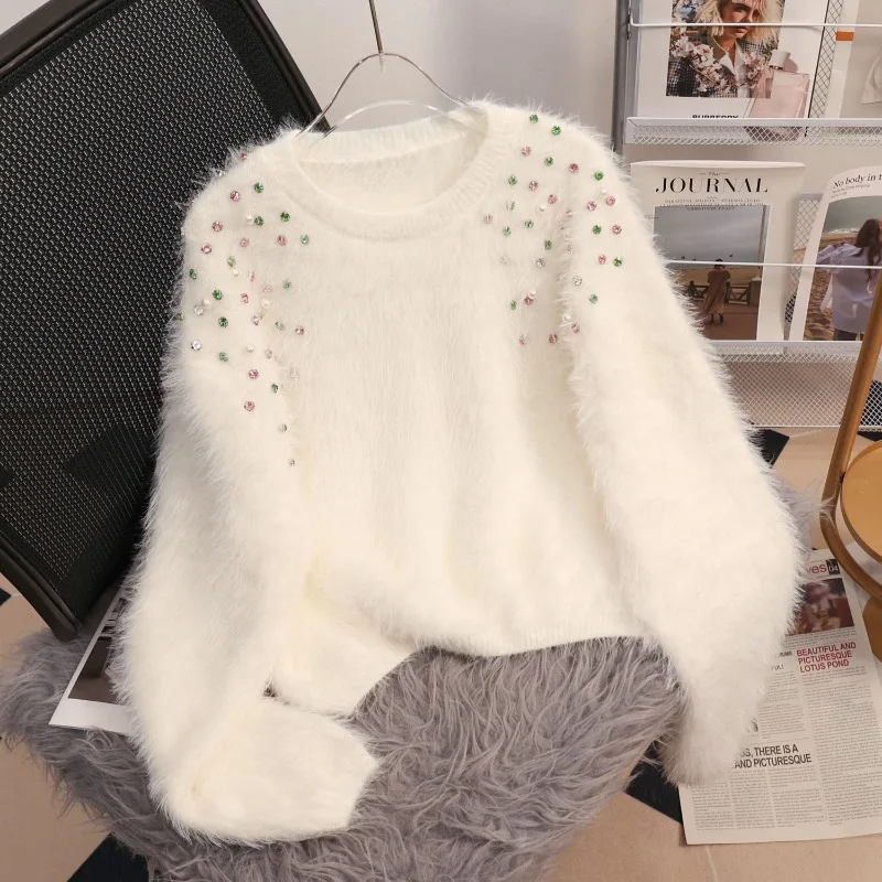 

Imitation Mink Fleece Knitted Sweater 2025 Winter New Large Size Warm Women's Clothing Fashion Loose Bottoming Shirt Casual Top