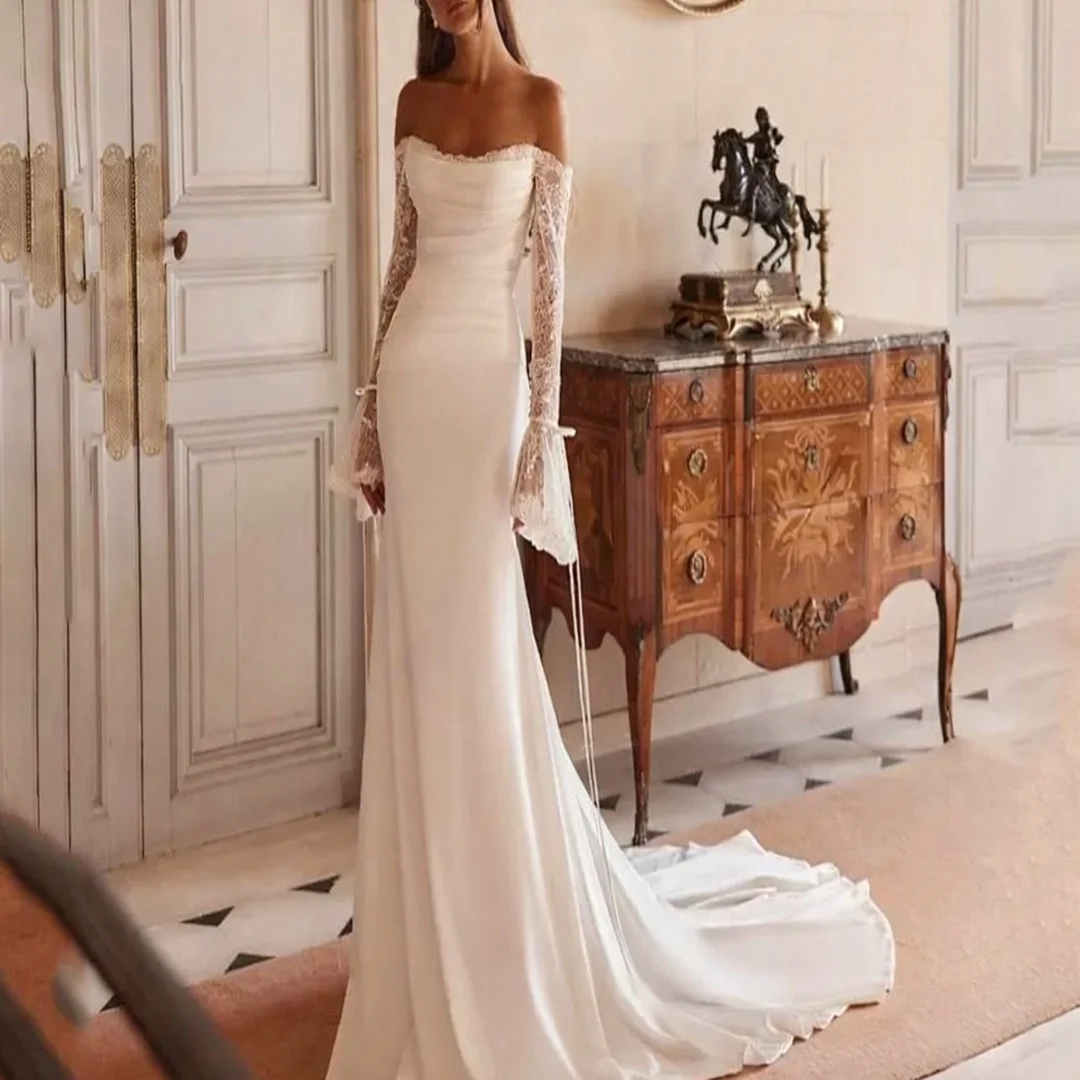 

Кружевное платье русалки с длинными рукавами по индивидуальному заказу, свадебное платье с открытыми плечами, вечерние платья для выпускного вечера невесты