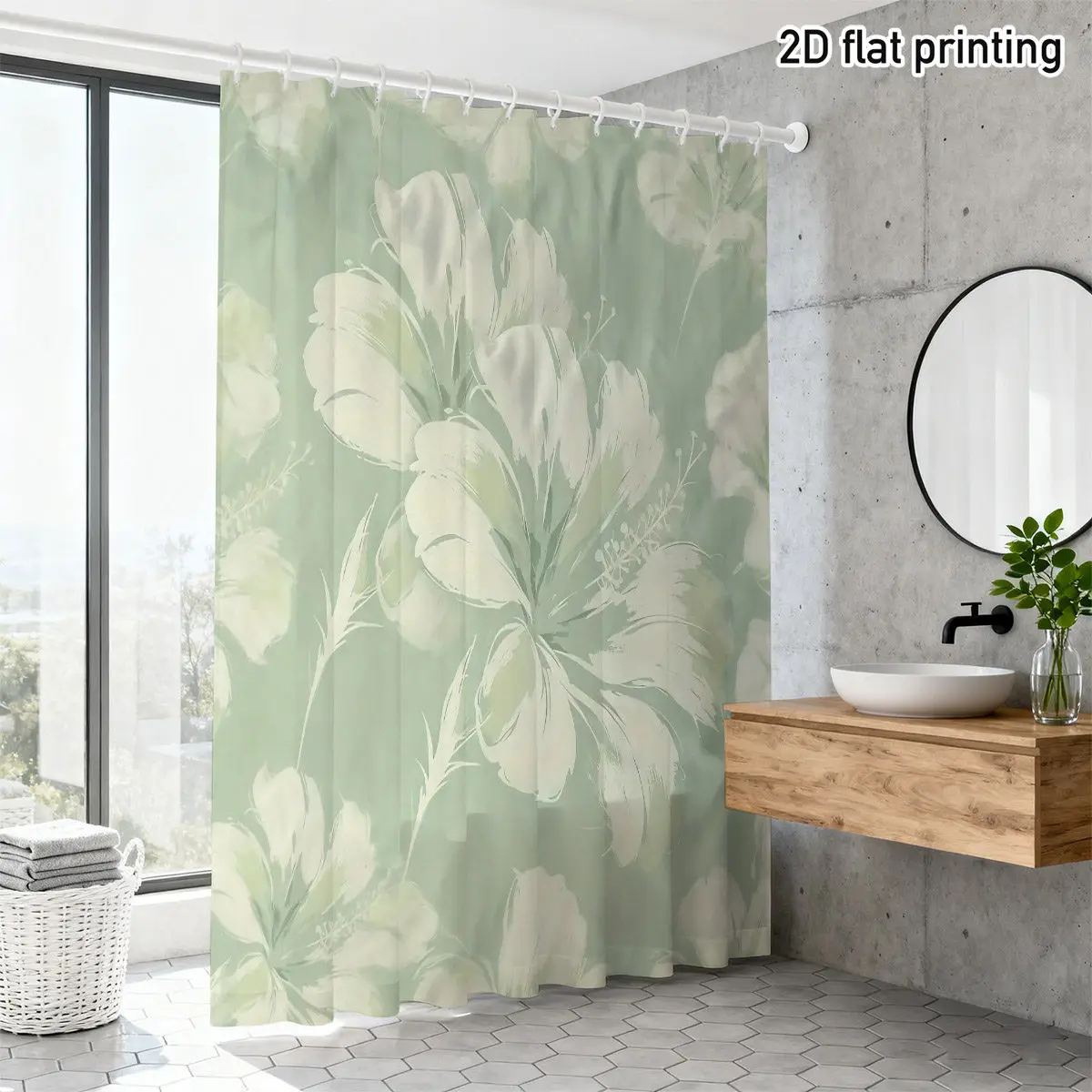 Watercolor Hibiscus Shower Curtain Off-White Flowers on Mint Green Background, 2D Flat Print, Fade-Resistant Polyester, 12 Hooks