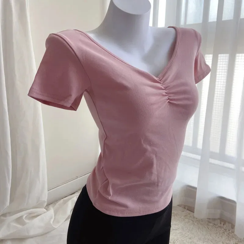 Women's V Neck Ruched Dance T-shirt Ballet Training Practice Short Sleeve Top