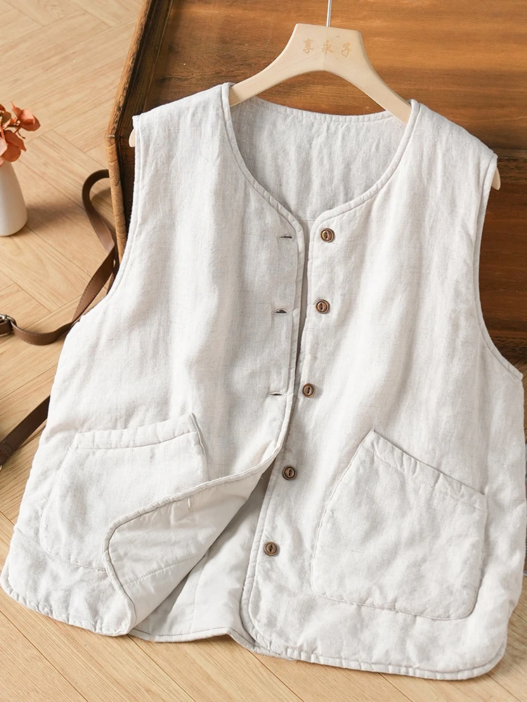 Faionable Versatile Thiened Cotton Linen Svel Warm Vest Women's Autumn Winter Casual Artistic Retro Cotton Jaet