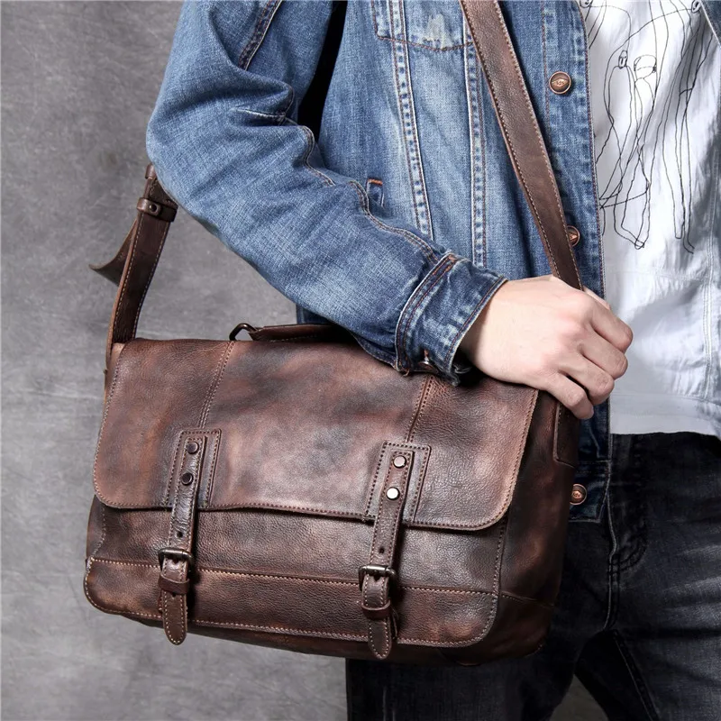 Vintage high-quality genuine leather men's messenger bag casual designer luxury cow leather work large-capacity shoulder bag