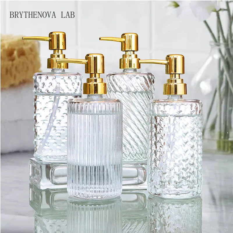 400ml Glass Lotion Bottle Hand Sanitizer Bottle Stripe Pump Head Push Gold Bathroom Body Soap and Soap Liquid Bathroom Storage