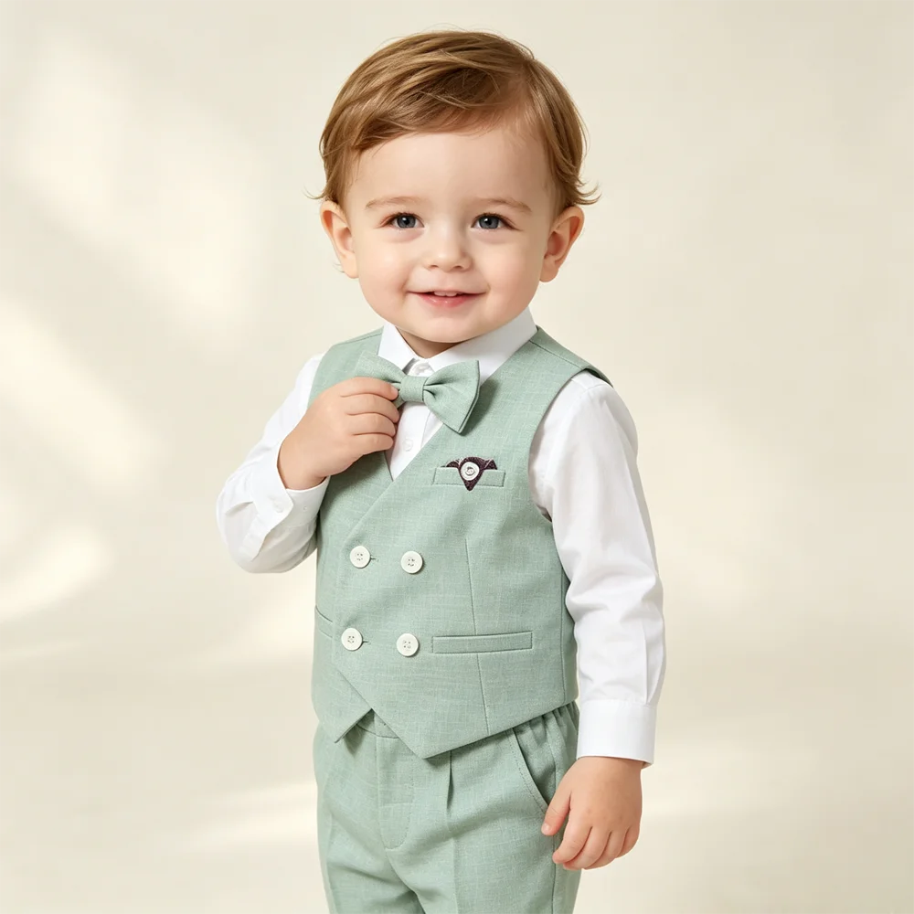 Boy Linen Suit Vest Pants Bow Tie Suspenders Set Toddler Wedding Formal Outfit Kids Birthday Party Pageboy Gentleman Costume