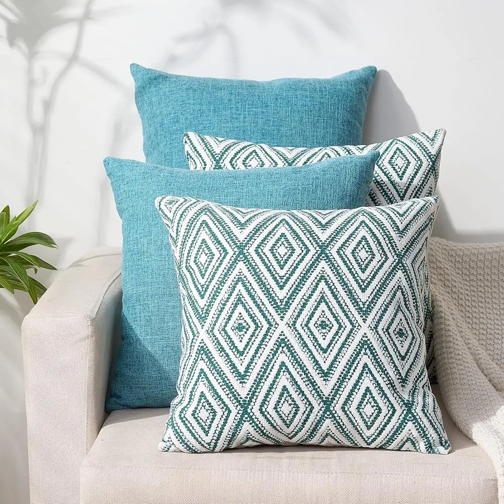 

Decorative Throw Pillow Covers Set Of 4 Geometric Design Linen Cushion Cover For Couch Sofa Living Room, 20""X20"" Hes, Aqua