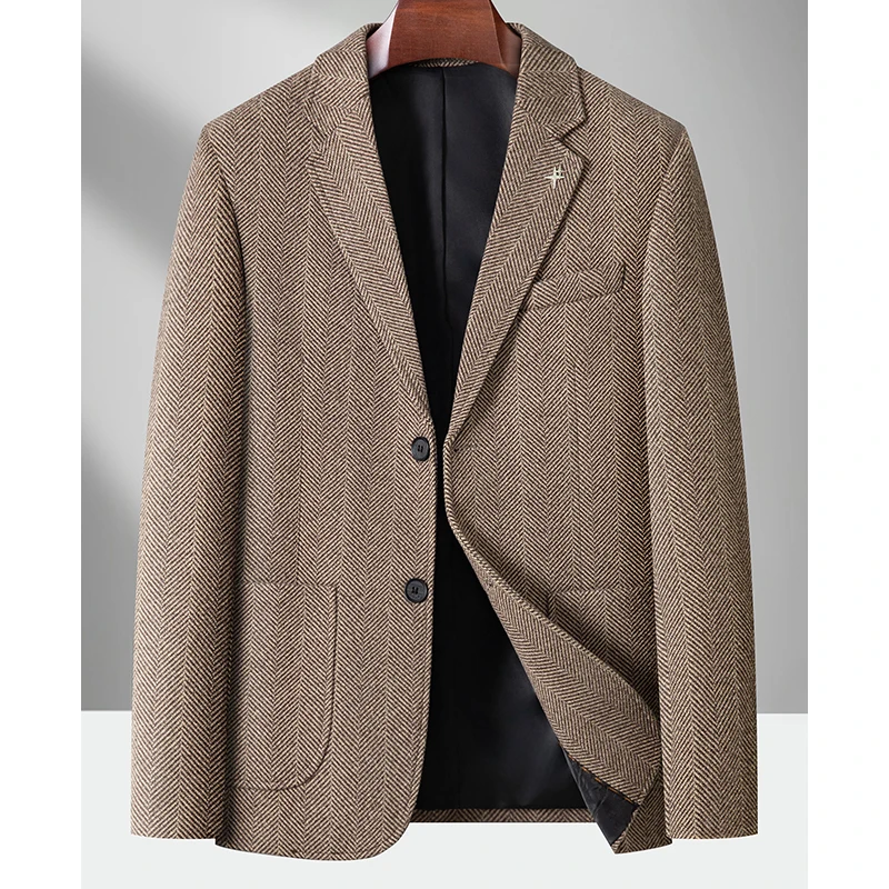 

Высококачественная мужская шерстяная куртка 2026: весенне-осенний деловой повседневный пиджак в елочку, уличная одежда, свободный однотонный верх