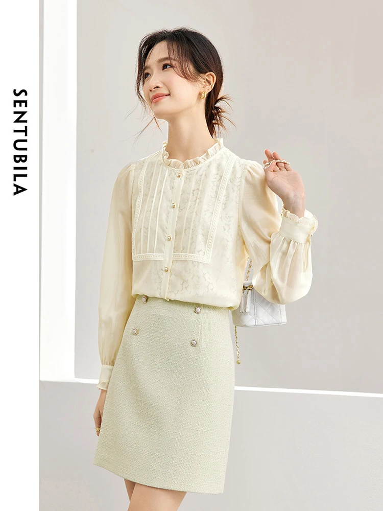 SENTUBILA Korean Fashion Women Lace Shirts 2024 Spring Autumn Elegant Ruffled Collar Long Sleeve Button Up Womens Tops 141S53426