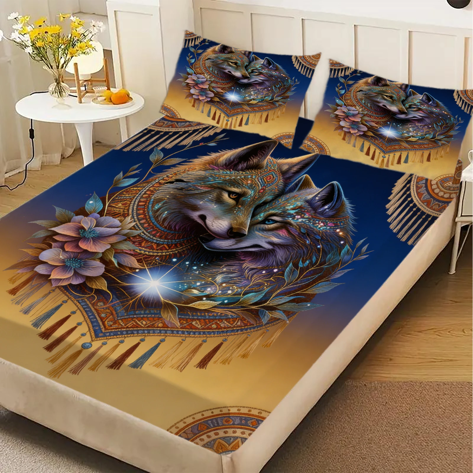 Wolf Couple Fitted Sheet Set Blue And Gold Mandala Floral Pattern With Pillowcases For Bedroom Decor