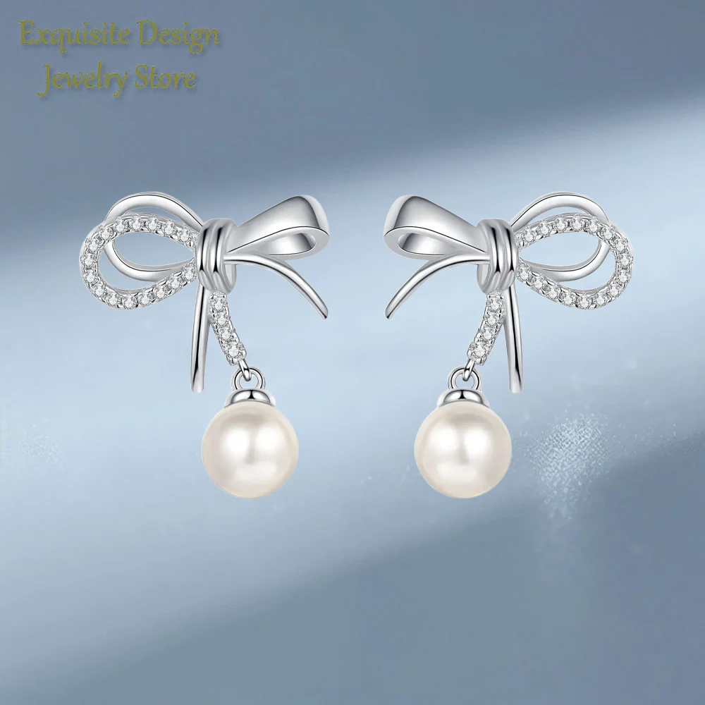 

Sweet Inlaid 21 Point Moissanite Diamond Platinum Bow Earrings, Cute Designed 7mm Freshwater Pearl PT950 Earrings for Women Gift