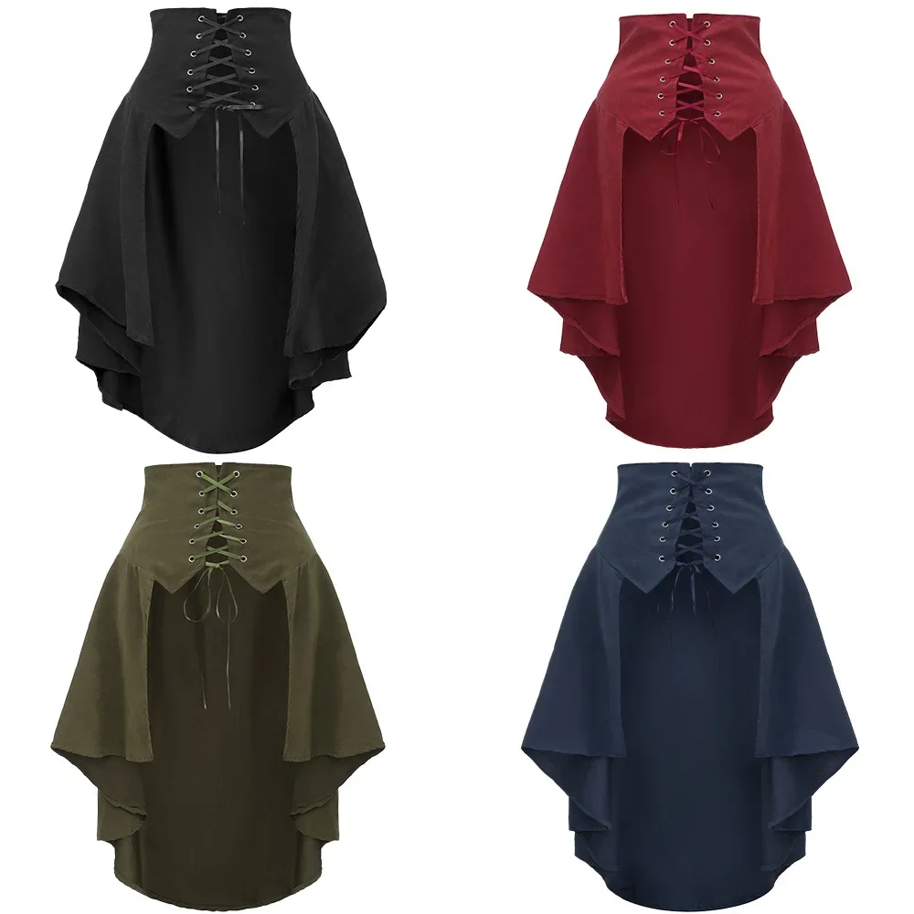 Detachable Overskirt Women Punk Swallow Tail Skirt Renaissance Pirate Costume Wrap Ruffle Skirt Gothic High Low Corset Lace Up