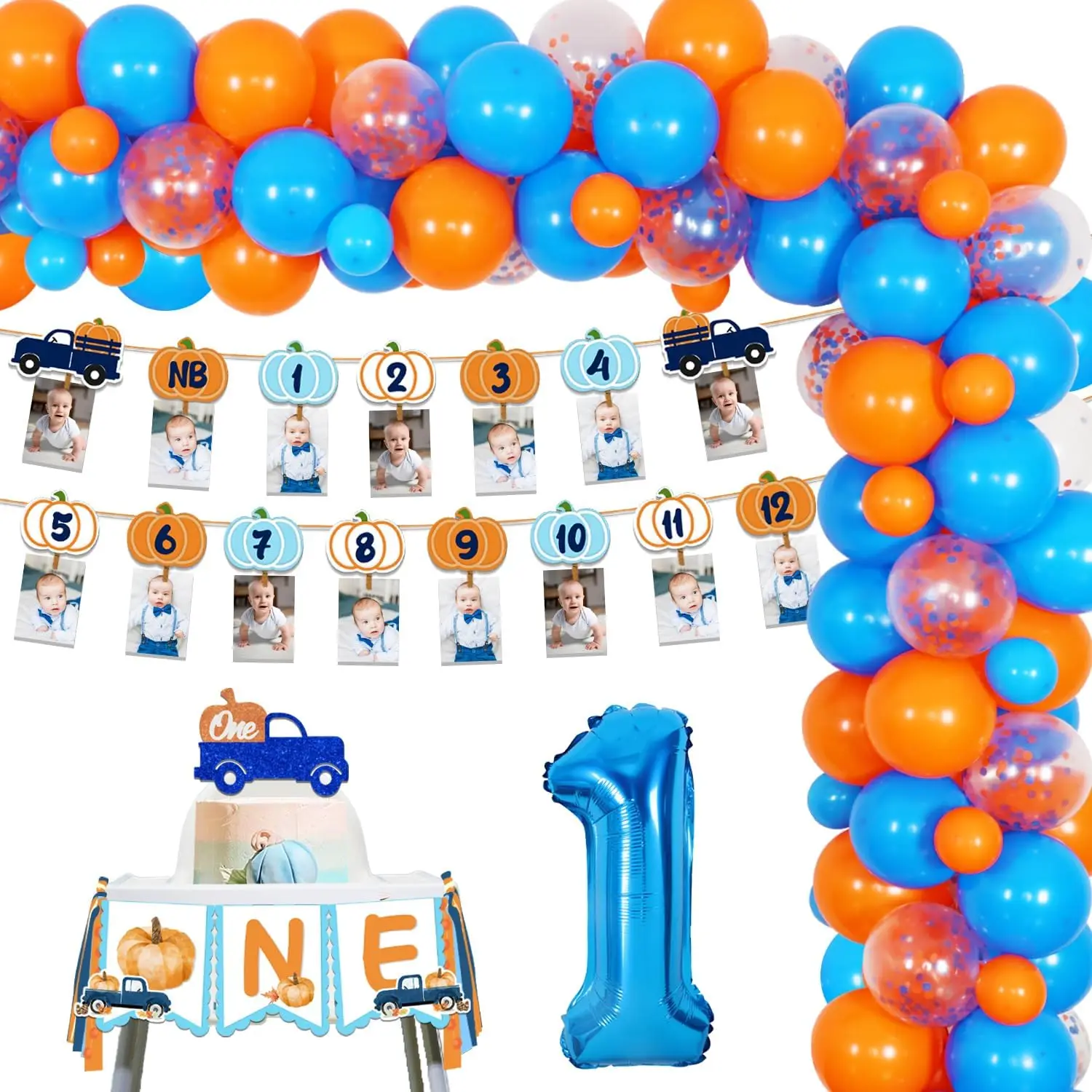 

Cheereveal Pumpkin Truck 1st Birthday Decorations Blue Orange Balloon Garland Arch Kit Photo Banner Glitter Autumn Party Supplie