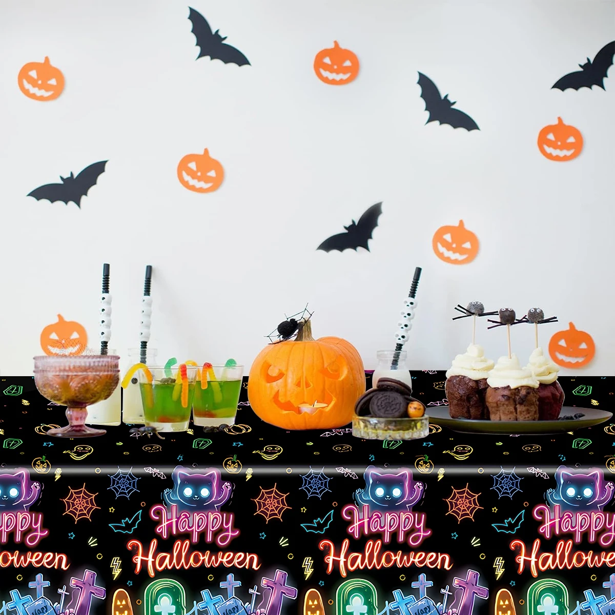 Fluorescent Halloween Theme Party Decoration Spider Web Bat Cat Plastic Table Cover Happy Halloween Party Supplies for Home 2024